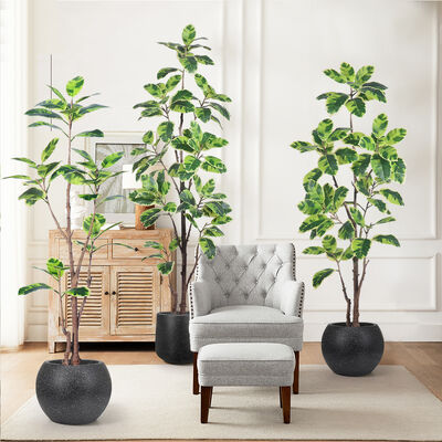 Latest New Arrival Artificial Indoor Plants Potted Plants Green White Faux Rubber Tree for Decoration Home Office Small Plastic